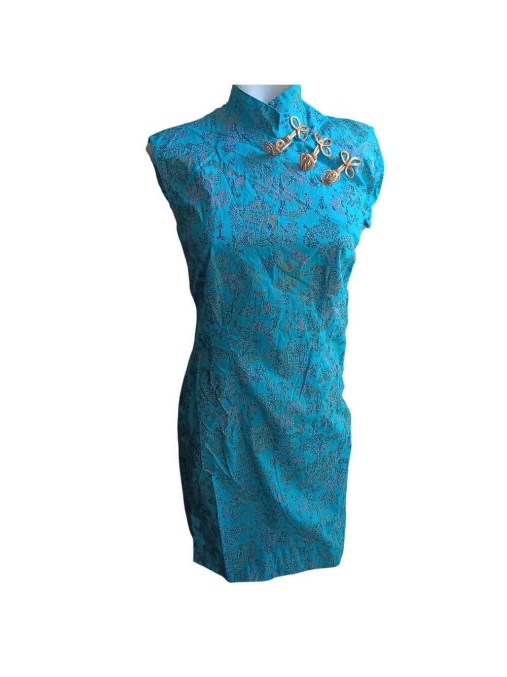 True Vintage Small Dress 1970s Traditional Blue Cheongsam Dress Asian Print